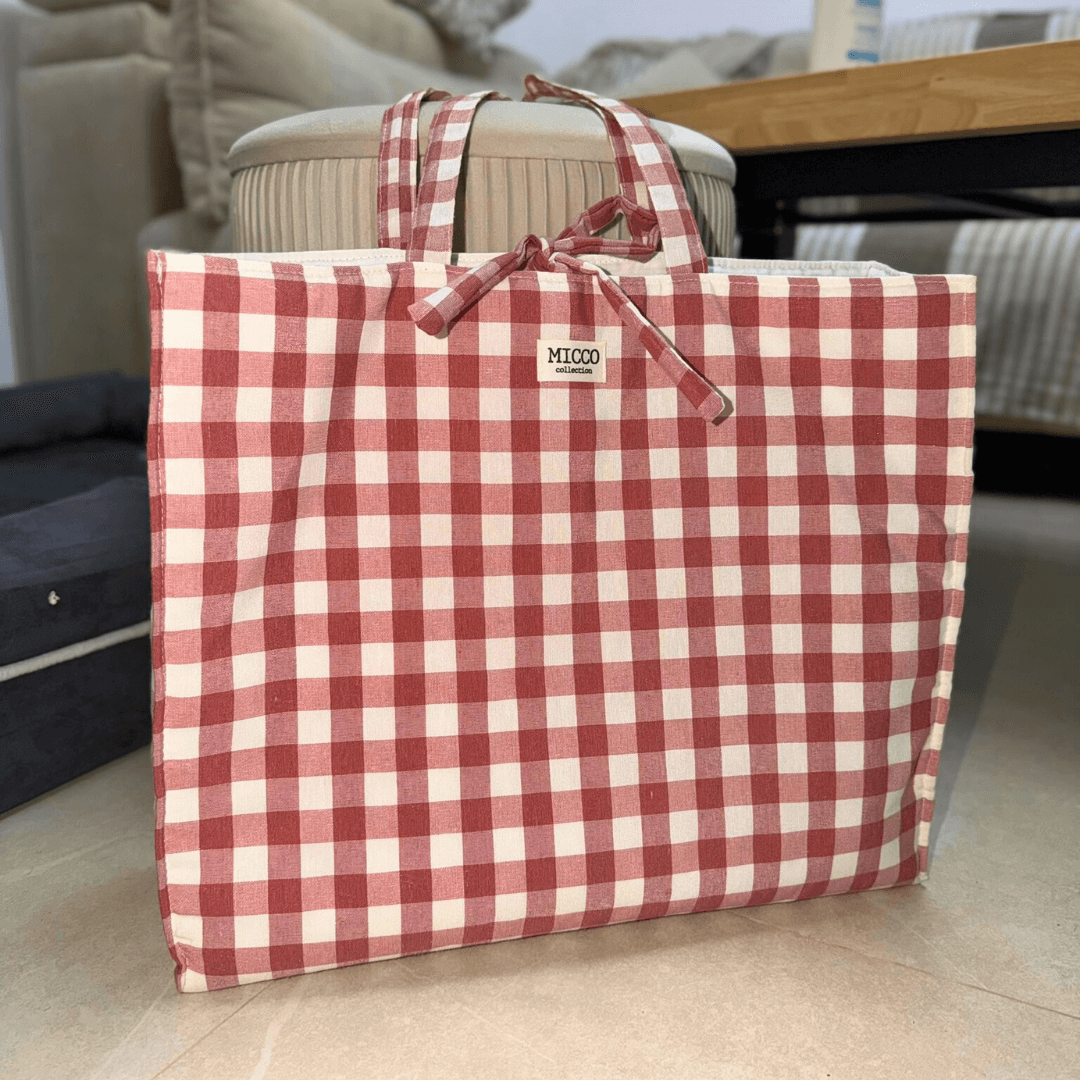 Bolso grande de tela acolchado de cuadros rosa