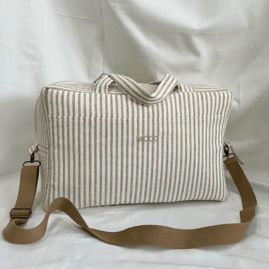 Bolsa de tela rayada camel, hecho a mano, diseño sostenible