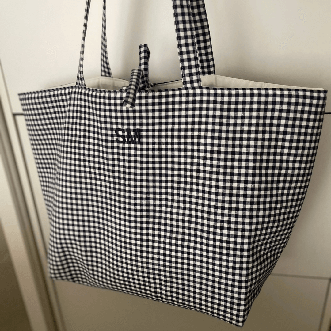 Bolso tote de tela vichy azul marino grande | Personalizado con iniciales