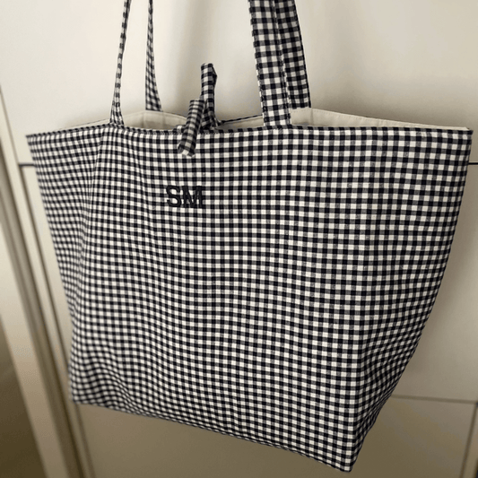 Bolso tote de tela vichy azul marino grande | Personalizado con iniciales
