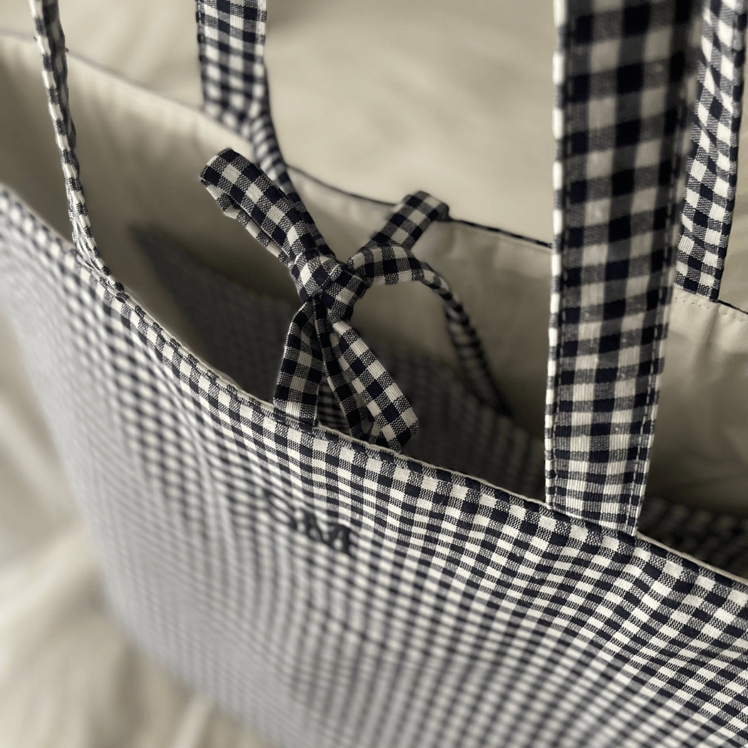 Bolso tote de tela vichy azul marino grande | Personalizado con iniciales
