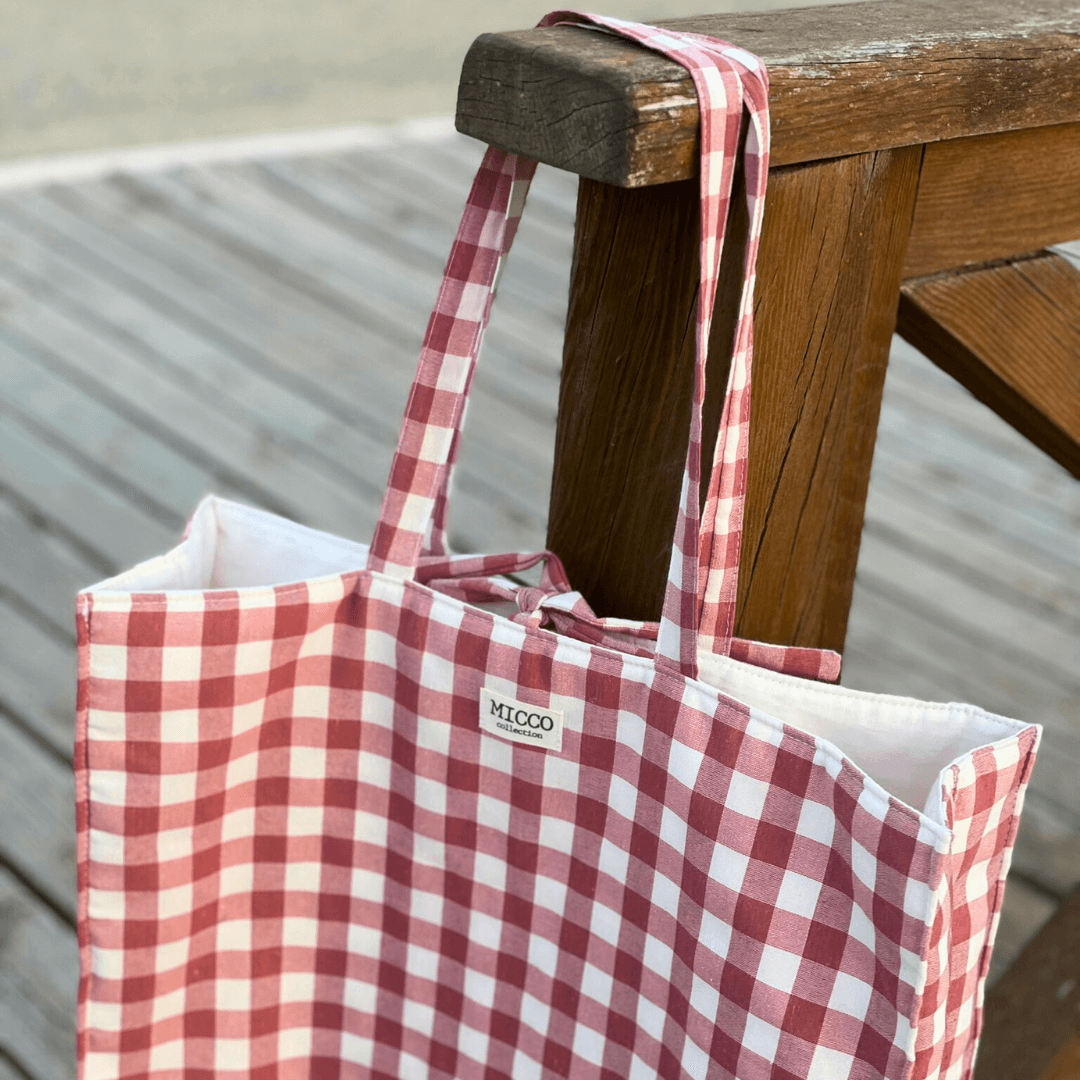 Bolso grande de tela acolchado de cuadros rosa