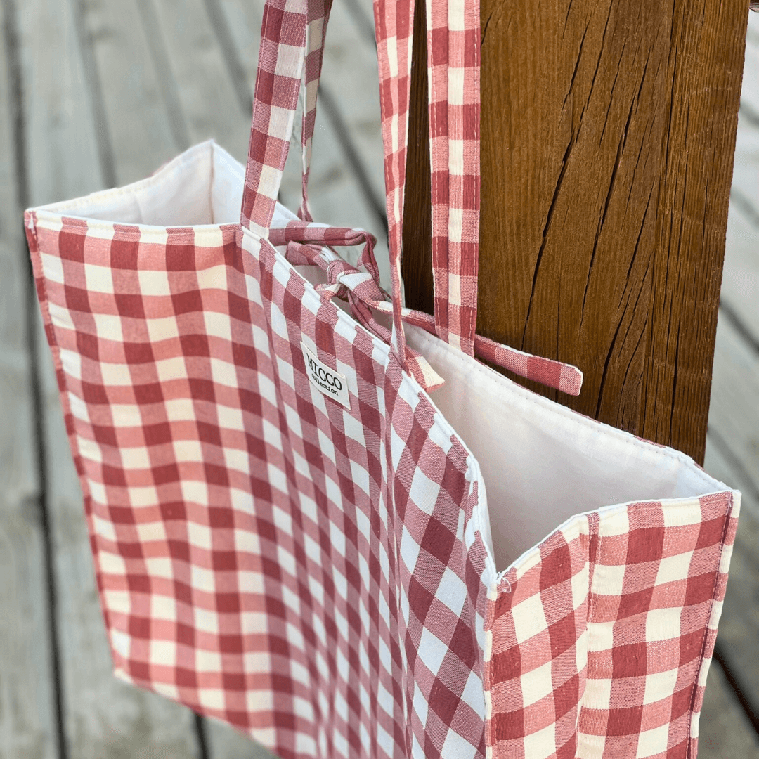 Bolso grande de tela acolchado de cuadros rosa