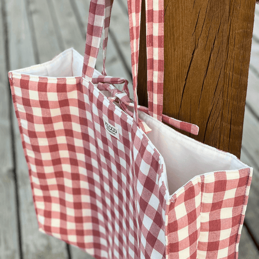 Bolso grande de tela acolchado de cuadros rosa