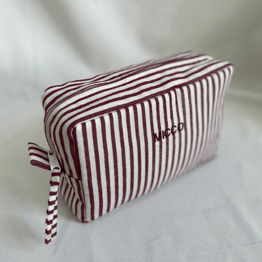 Neceser rayado burdeos y beige, acolchado, con cremallera, ideal para viajes o cosmética